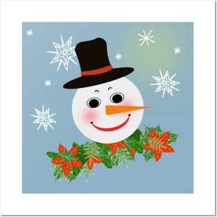 happy snowman with snowflakes Posters and Art